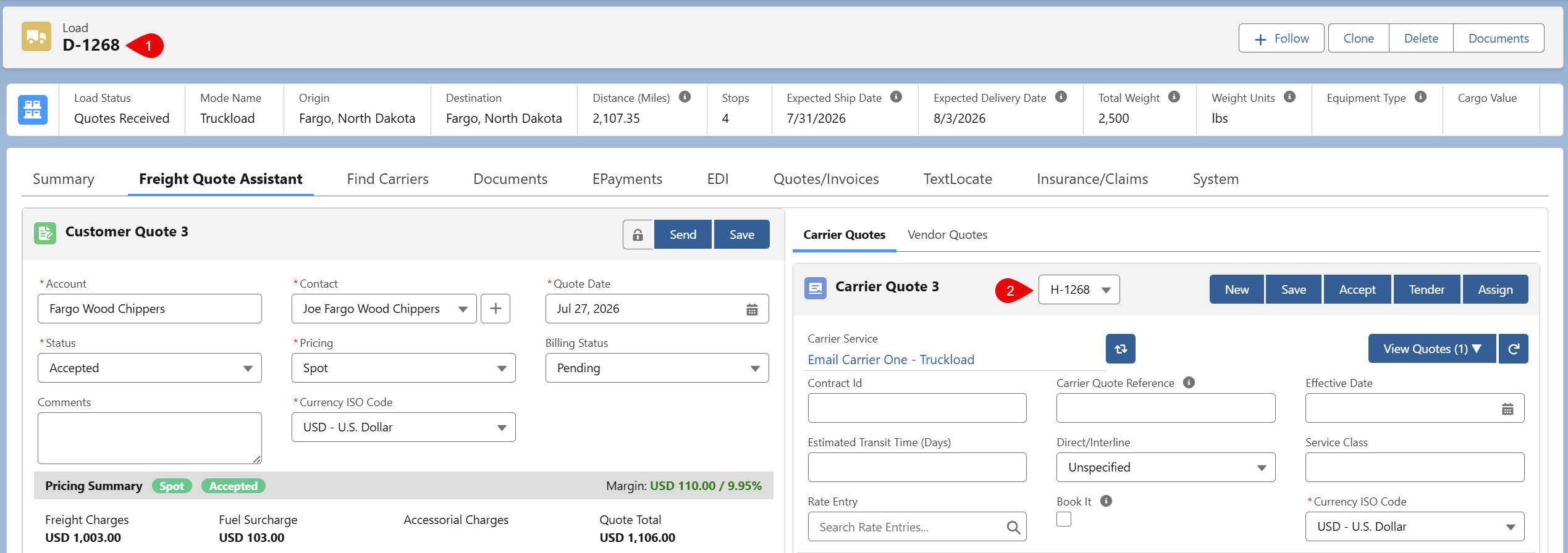 The Carrier Quote Builder highlighting the customer load and applicable carrier load the quote is built.